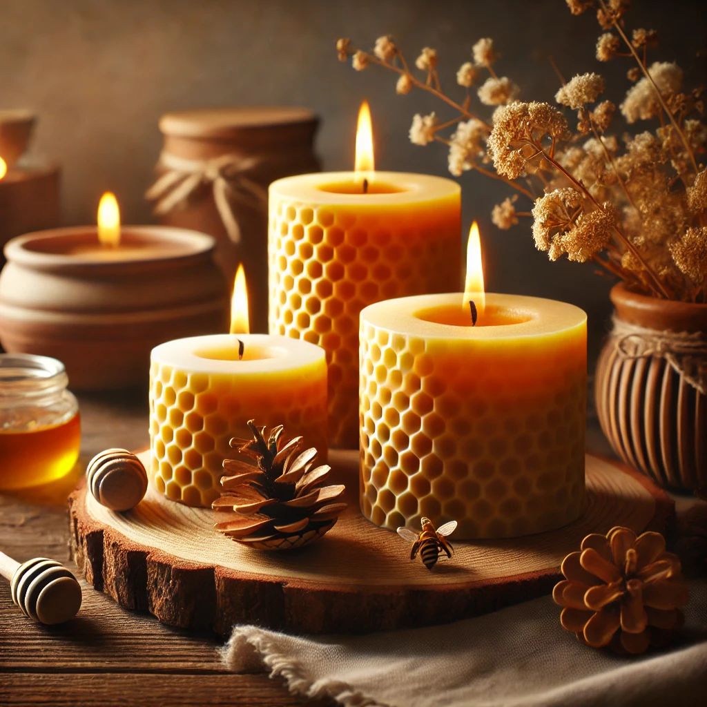 Bijenwas kaarsen op een houten bord, woonhuisaccessoires