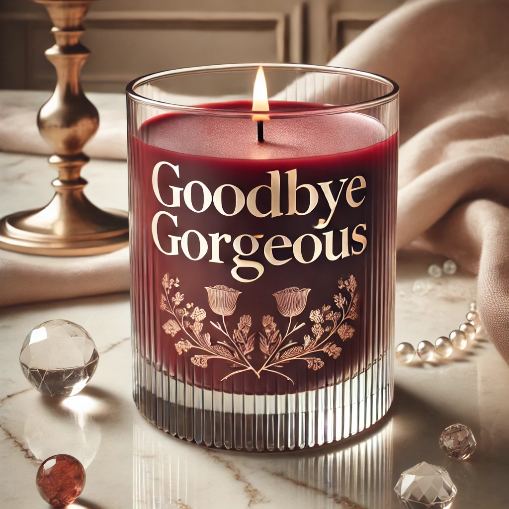 Mooi beeld van een decoratieve geurkaars in een elegante glazen houder met een rijke, diepe kleur zoals donkerrood. De kaars heeft de tekst 'Goodbye Gorgeous' in een stijlvolle, cursieve lettertype. De kaars staat op een strak marmeren oppervlak, omringd door delicate decoratieve elementen zoals kristallen kralen en een zachte stof, met warme verlichting die een uitnodigende en luxueuze sfeer creëert.