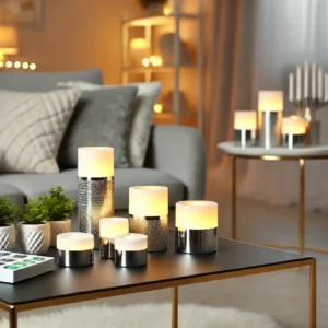 Een mooi gerangschikte LED-kaarsen set in een gezellige, moderne woonkamer. De kaarsen stralen een zachte, warme gloed uit en vormen de perfecte aanvulling op woonhuis accessoires en decoratie.