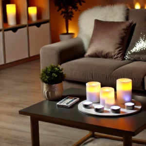 Een mooi gerangschikte LED-kaarsen set in een gezellige, moderne woonkamer. De kaarsen stralen een zachte, warme gloed uit en vormen de perfecte aanvulling op woonhuis accessoires en decoratie.