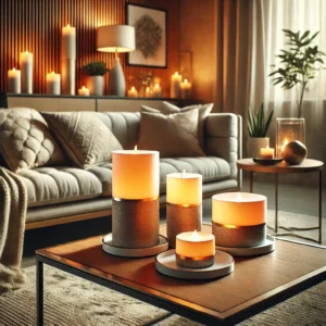 Een mooi gerangschikte LED-kaarsen set in een gezellige, moderne woonkamer. De kaarsen stralen een zachte, warme gloed uit en vormen de perfecte aanvulling op woonhuis accessoires en decoratie.