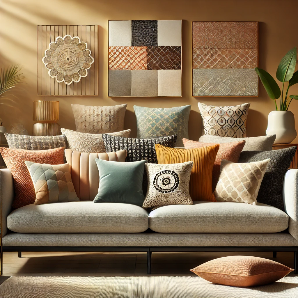 Stijlvolle bank met een verscheidenheid aan decoratieve kussens in verschillende kleuren, patronen en texturen, geplaatst in een warme en uitnodigende woonkamer. De afbeelding toont een gezellige sfeer met een potted plant en een koffie tafel op de achtergrond, perfect voor woondecoratie en als woonhuisaccessoires. Stijlvolle bank met een verscheidenheid aan decoratieve kussens in verschillende kleuren, patronen en texturen, geplaatst in een warme en uitnodigende woonkamer. De afbeelding toont een gezellige sfeer met een potted plant en een koffie tafel op de achtergrond, perfect voor woondecoratie en als woonhuisaccessoires.