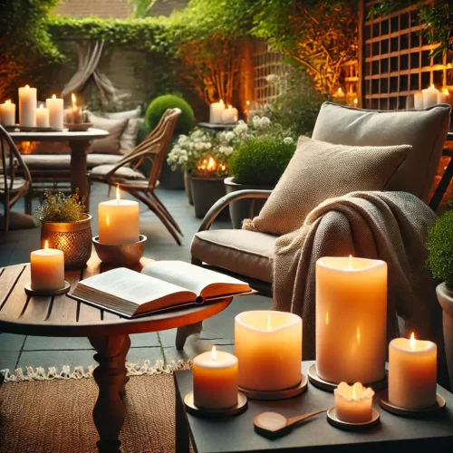 A-cozy-outdoor-setting-featuring-a-patio-with-a-coffee-table-large-pillar-candles-stompkaarsen-a-comfortable-lounge-chair-with-a-blanket-and-an-o A-cozy-outdoor-setting-featuring-a-patio-with-a-coffee-table-large-pillar-candles-stompkaarsen-a-comfortable-lounge-chair-with-a-blanket-and-an-o