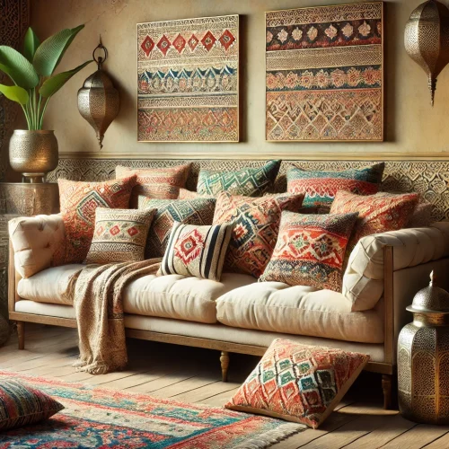 Complete bank in een warme, uitnodigende setting, versierd met Marokkaanse kussens met ingewikkelde patronen en levendige kleuren, omringd door gezellige decor elementen die de exotische sfeer benadrukken, ideaal voor woonhuisaccessoires en woondecoratie. Complete bank in een warme, uitnodigende setting, versierd met Marokkaanse kussens met ingewikkelde patronen en levendige kleuren, omringd door gezellige decor elementen die de exotische sfeer benadrukken, ideaal voor woonhuisaccessoires en woondecoratie.