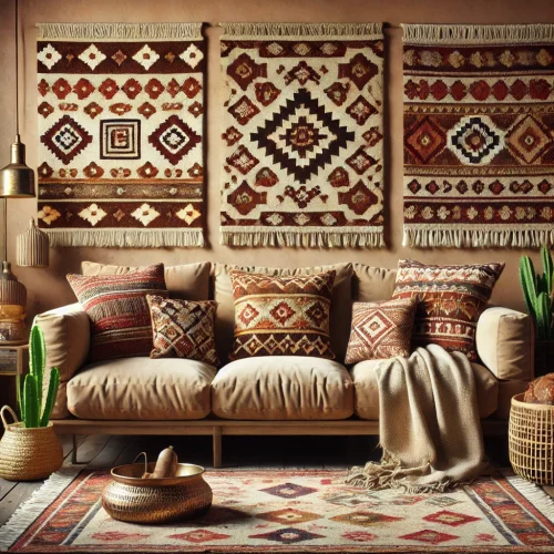 Complete bank in een warme, uitnodigende setting, gedecoreerd met Kelim kussens die traditionele geometrische patronen in rijke, aardse tinten tonen, omringd door gezellige decor elementen die de bohemien sfeer versterken, perfect als woonhuisaccessoires en voor woondecoratie. Complete bank in een warme, uitnodigende setting, gedecoreerd met Kelim kussens die traditionele geometrische patronen in rijke, aardse tinten tonen, omringd door gezellige decor elementen die de bohemien sfeer versterken, perfect als woonhuisaccessoires en voor woondecoratie.
