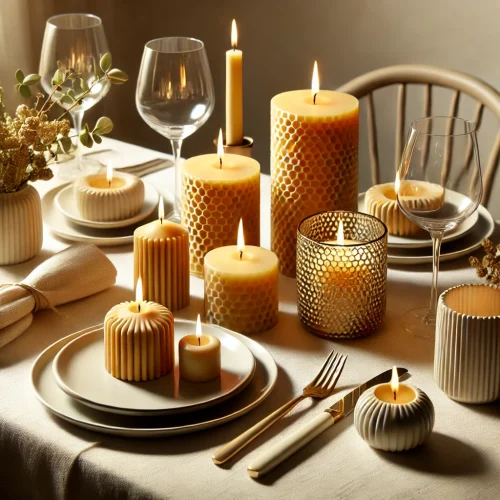 Bijenwas kaarsen op een houten bord, woonhuisaccessoires Bijenwas kaarsen op een houten bord, woonhuisaccessoires