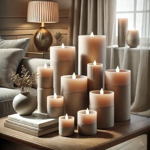 Een stijlvolle set taupe LED-kaarsen in verschillende formaten op een moderne salontafel in een gezellige woonkamer. De kaarsen voegen een warme gloed toe aan de ruimte, waardoor de woonhuisaccessoires een serene en elegante sfeer creëren. Een stijlvolle set taupe LED-kaarsen in verschillende formaten op een moderne salontafel in een gezellige woonkamer. De kaarsen voegen een warme gloed toe aan de ruimte, waardoor de woonhuisaccessoires een serene en elegante sfeer creëren.
