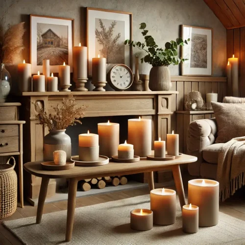 Een stijlvolle set taupe LED-kaarsen in verschillende formaten op een moderne salontafel in een gezellige woonkamer. De kaarsen voegen een warme gloed toe aan de ruimte, waardoor de woonhuisaccessoires een serene en elegante sfeer creëren. Een stijlvolle set taupe LED-kaarsen in verschillende formaten op een moderne salontafel in een gezellige woonkamer. De kaarsen voegen een warme gloed toe aan de ruimte, waardoor de woonhuisaccessoires een serene en elegante sfeer creëren.