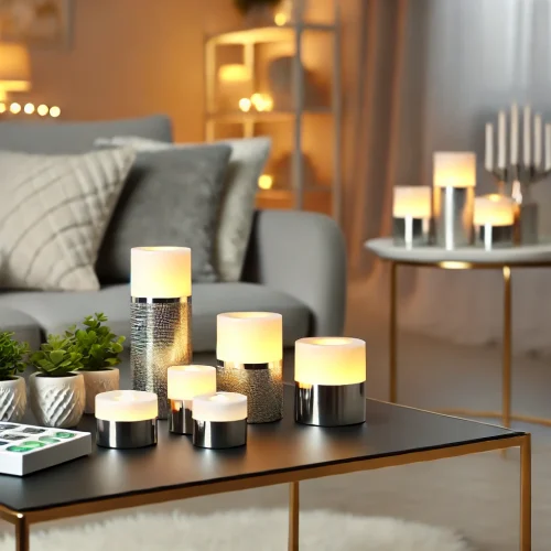 Een mooi gerangschikte LED-kaarsen set in een gezellige, moderne woonkamer. De kaarsen stralen een zachte, warme gloed uit en vormen de perfecte aanvulling op woonhuis accessoires en decoratie. Een mooi gerangschikte LED-kaarsen set in een gezellige, moderne woonkamer. De kaarsen stralen een zachte, warme gloed uit en vormen de perfecte aanvulling op woonhuis accessoires en decoratie.