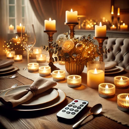 Stijlvolle eettafel gedecoreerd met LED waxinelichtjes met afstandsbediening, een ideale toevoeging aan je woonaccessoires en woonhuis accessoires voor sfeervolle decoratie Stijlvolle eettafel gedecoreerd met LED waxinelichtjes met afstandsbediening, een ideale toevoeging aan je woonaccessoires en woonhuis accessoires voor sfeervolle decoratie