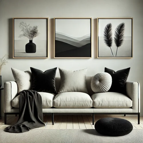 Set zwarte kussens met een minimalistisch ontwerp, geplaatst op een moderne, lichte bank in een eigentijdse woonkamer, een elegante toevoeging aan woondecoratie en woonhuisaccessoires. Set zwarte kussens met een minimalistisch ontwerp, geplaatst op een moderne, lichte bank in een eigentijdse woonkamer, een elegante toevoeging aan woondecoratie en woonhuisaccessoires.