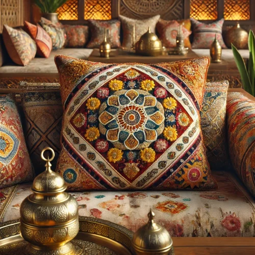 Complete bank in een warme, uitnodigende setting, versierd met Marokkaanse kussens met ingewikkelde patronen en levendige kleuren, omringd door gezellige decor elementen die de exotische sfeer benadrukken, ideaal voor woonhuisaccessoires en woondecoratie. Complete bank in een warme, uitnodigende setting, versierd met Marokkaanse kussens met ingewikkelde patronen en levendige kleuren, omringd door gezellige decor elementen die de exotische sfeer benadrukken, ideaal voor woonhuisaccessoires en woondecoratie.