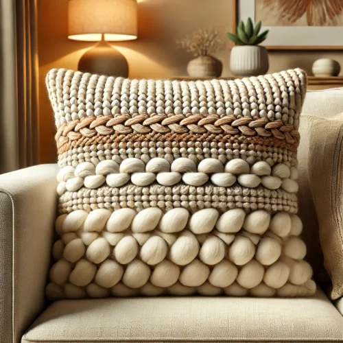 Decoratieve kussens voor op de bank Decoratieve kussens voor op de bank in diverse stijlen, waaronder een gebreide kussen in warme beige, een levendig bloemenpatroon, een minimalistisch donkerblauw ontwerp, een bohemian-stijl kussen met franjes en een luxe donkergroene kussen. Deze kussens zijn perfect voor het verbeteren van je woondecoratie en als stijlvolle woonhuisaccessoires.