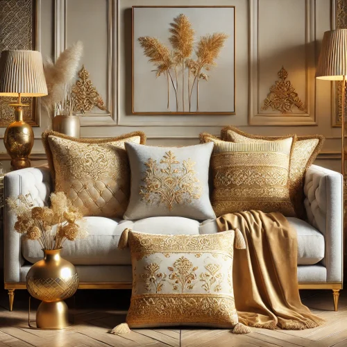 Set van elegante gouden kussens in verschillende stijlen en texturen, perfect geplaatst op moderne en luxueuze meubelstukken in een uitnodigende woonkamer, ideaal voor woonhuisaccessoires en woondecoratie Set van elegante gouden kussens in verschillende stijlen en texturen, perfect geplaatst op moderne en luxueuze meubelstukken in een uitnodigende woonkamer, ideaal voor woonhuisaccessoires en woondecoratie
