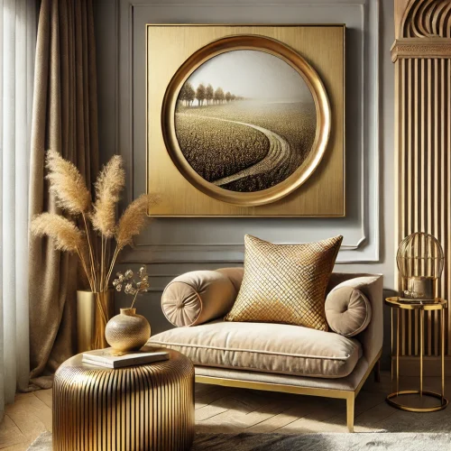 Set van elegante gouden kussens in verschillende stijlen en texturen, perfect geplaatst op moderne en luxueuze meubelstukken in een uitnodigende woonkamer, ideaal voor woonhuisaccessoires en woondecoratie Set van elegante gouden kussens in verschillende stijlen en texturen, perfect geplaatst op moderne en luxueuze meubelstukken in een uitnodigende woonkamer, ideaal voor woonhuisaccessoires en woondecoratie