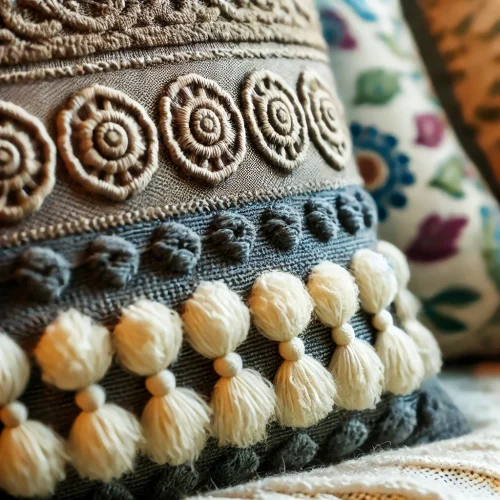 Set van stijlvolle sierkussens in diverse ontwerpen en texturen, geplaatst op verschillende meubels zoals banken, stoelen en tafels, ideaal voor een moderne en gezellige inrichting als woonhuisaccessoires en woondecoratie.