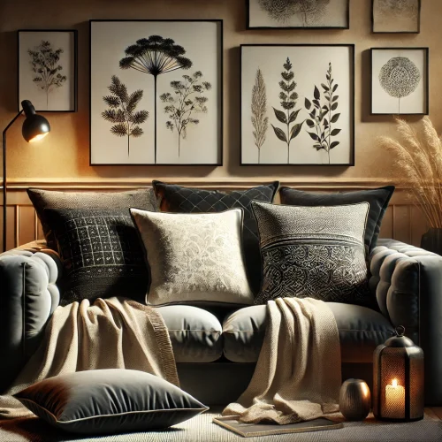 Set van stijlvolle zwarte kussens in verschillende stijlen en texturen, geplaatst op moderne en comfortabele meubels in een warme woonkamer, ideaal voor woonhuisaccessoires en woondecoratie. Set van stijlvolle zwarte kussens in verschillende stijlen en texturen, geplaatst op moderne en comfortabele meubels in een warme woonkamer, ideaal voor woonhuisaccessoires en woondecoratie.