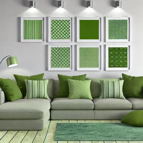 Set van diverse groene kussens in verschillende tinten en stijlen, perfect geplaatst op moderne en gezellige meubelstukken in een uitnodigende woonkamer, ideaal voor woonhuisaccessoires en woondecoratie. Set van diverse groene kussens in verschillende tinten en stijlen, perfect geplaatst op moderne en gezellige meubelstukken in een uitnodigende woonkamer, ideaal voor woonhuisaccessoires en woondecoratie.